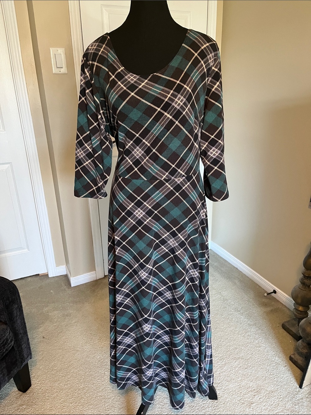 Plaid Teal and Black Maxi Dress with Scoop Neck